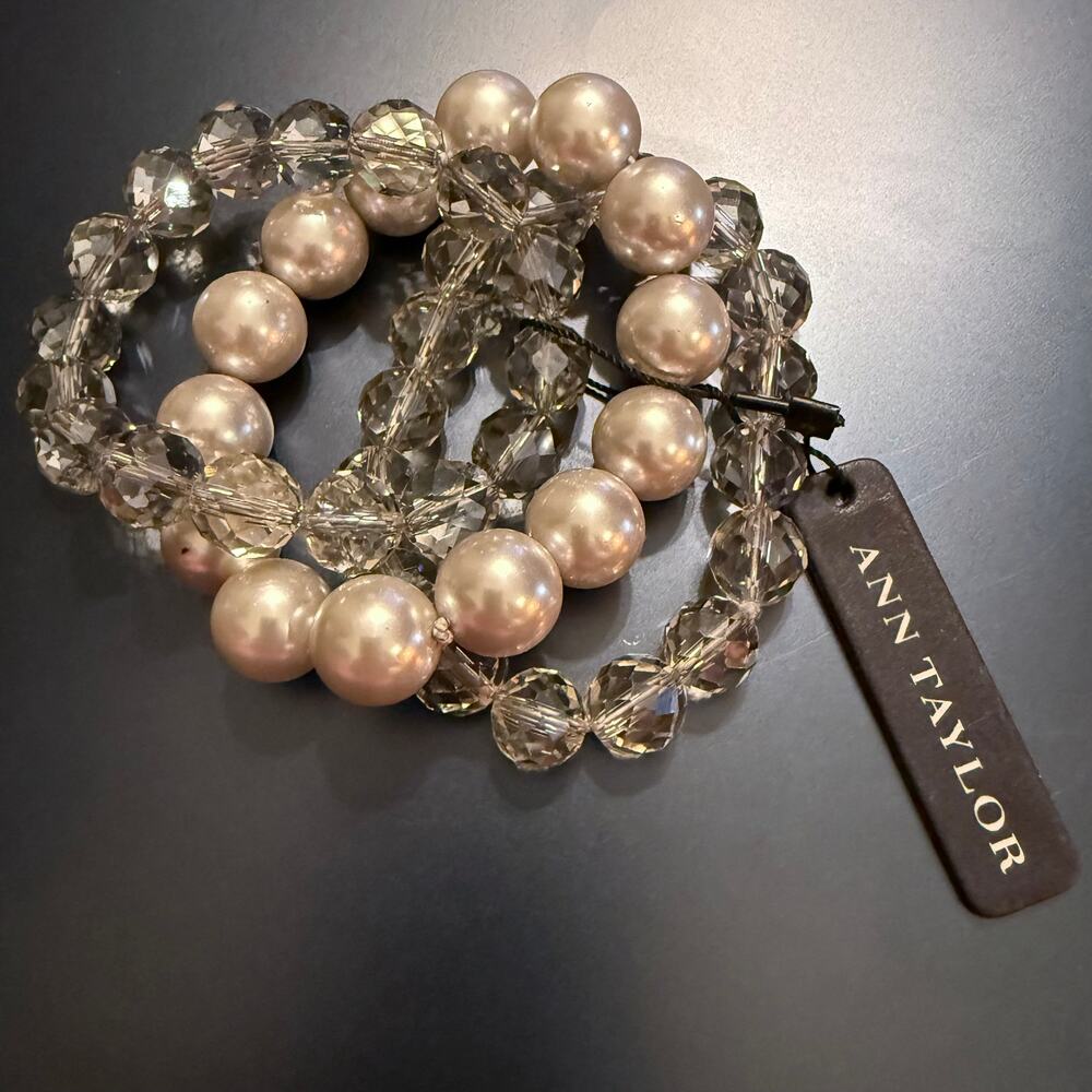 Ann Taylor Trio Faceted Crystal Faux Pearl Stretch Bracelets